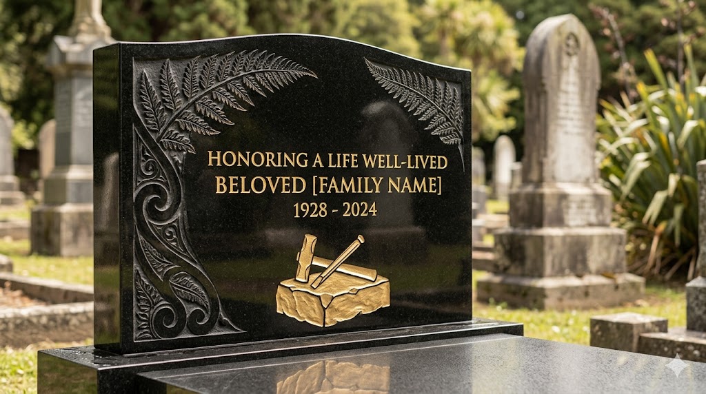 Carved fern details on a polished granite memorial